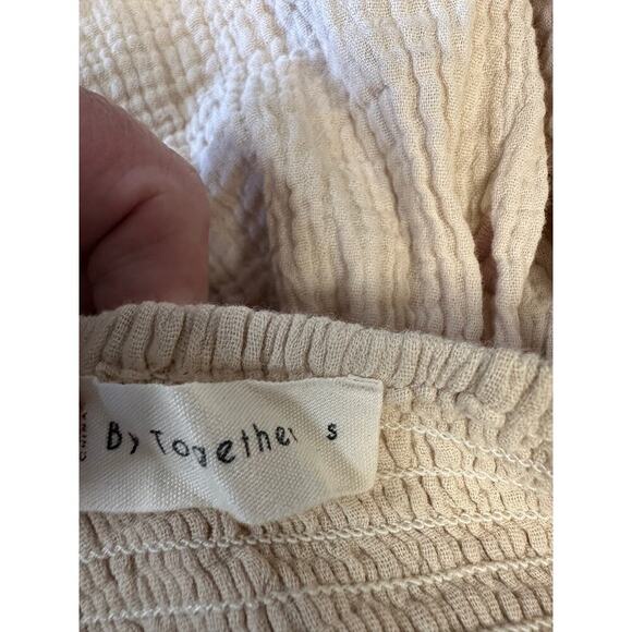 By Together Tan Smocked Crop Top Size S Embroidered Flowers Babydoll Boho - Picture 10 of 10